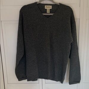 90’s Eddie Bauer Dark Gray V-Neck Sweater 100% Lambs Wool Made in UK SzL